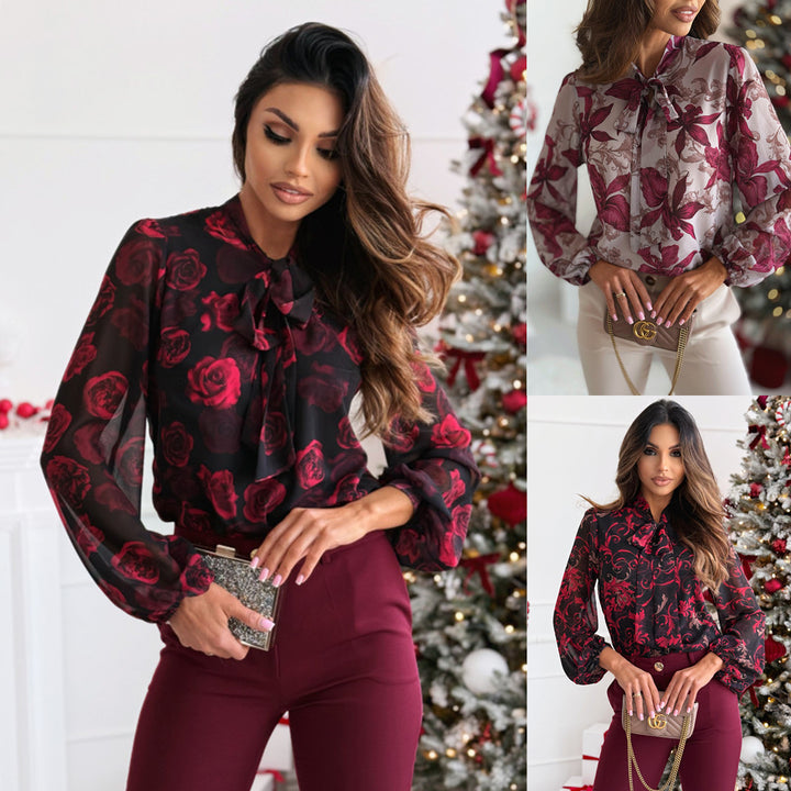 Damen Transparente Bluse mit floralem Design und elegantem Schleifenkragen Drune