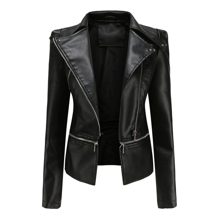 Damen nan taillierte Kunstleder-Bikerjacke mit asymmetrischem Reverskragen Drune