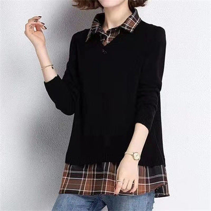 Damen Layered Strickpullover mit V-Ausschnitt und trendy Hemdbluse Drune