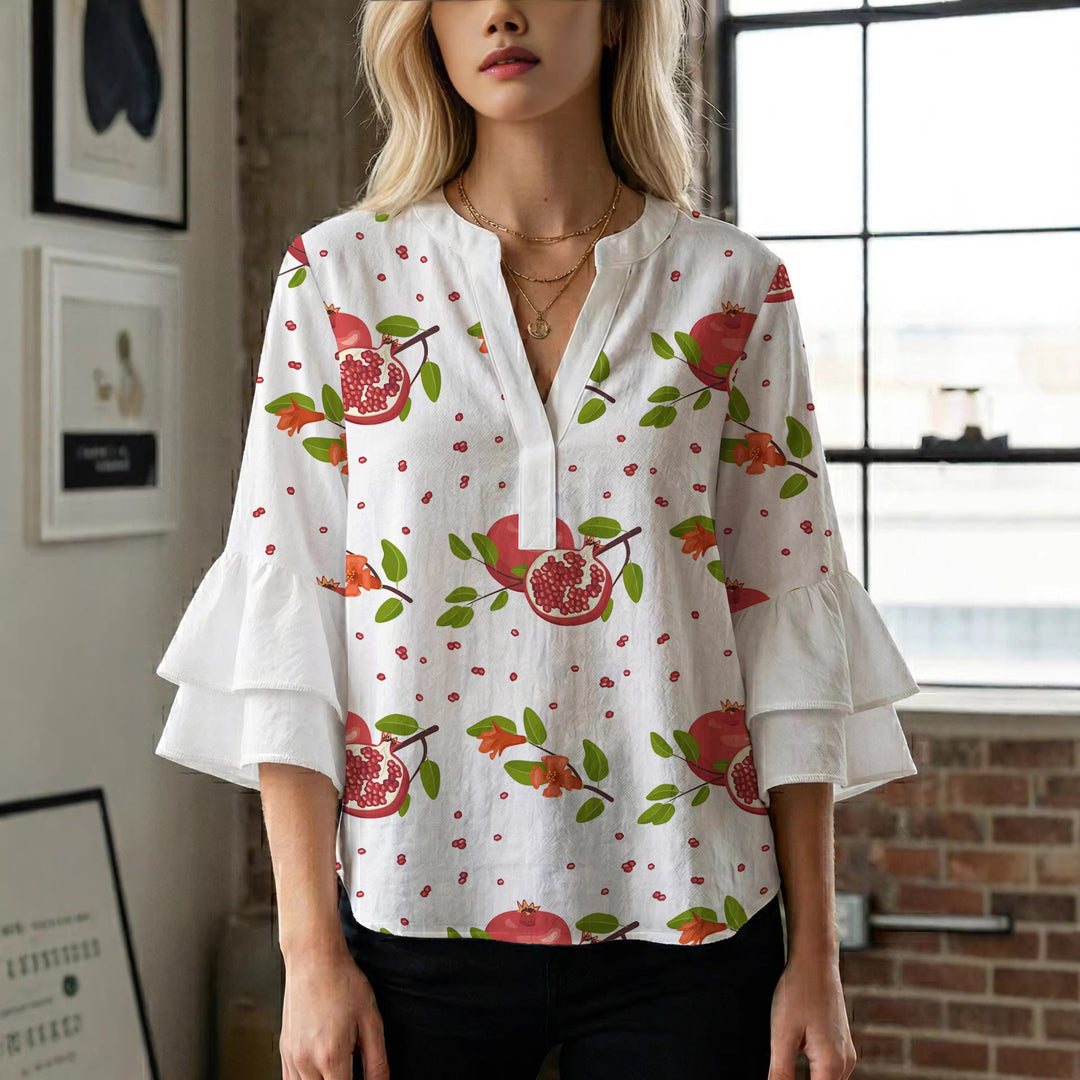 Damen Bluse mit voluminösen Rüschenärmeln und modernem Motiv Drune