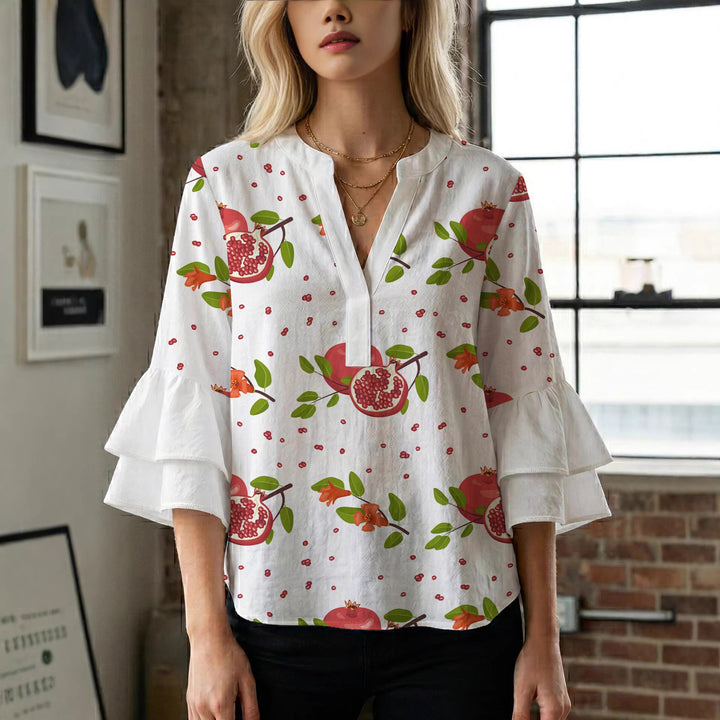 Damen Bluse mit voluminösen Rüschenärmeln und modernem Motiv Drune