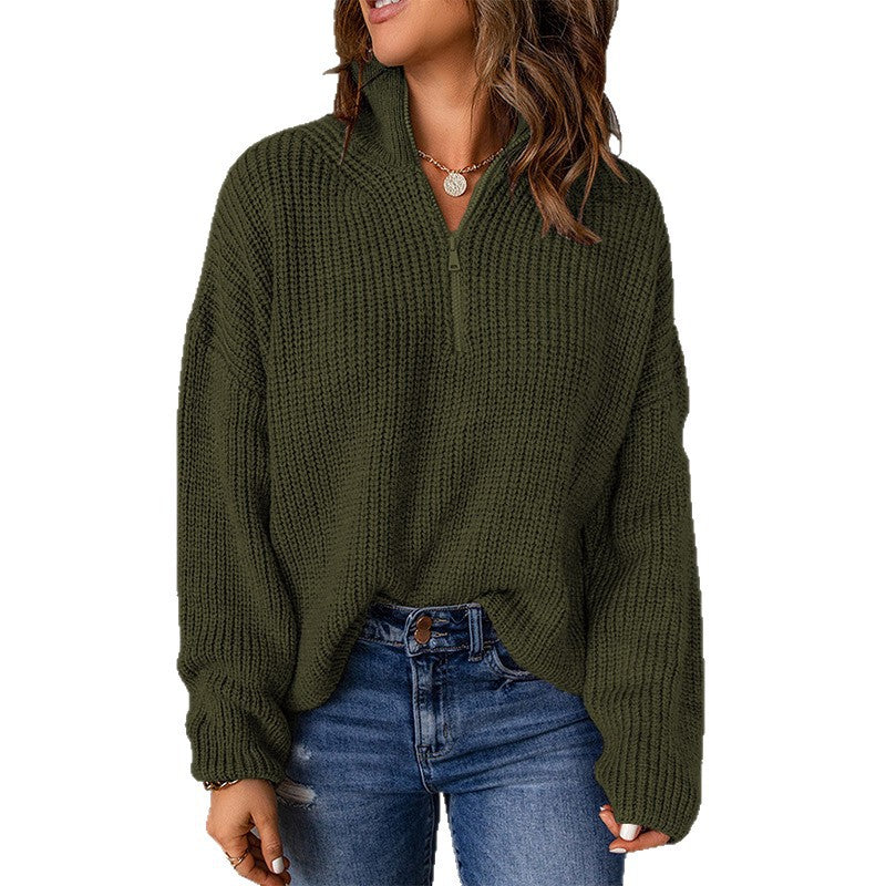 Damen gemütlicher Pullover mit hohem Kragen und Zip-Detail Drune