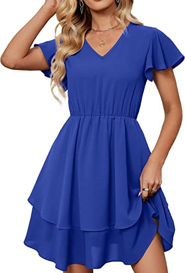 Damen Freizeitkleid mit fließendem Rock und Rüschenärmeln Drune