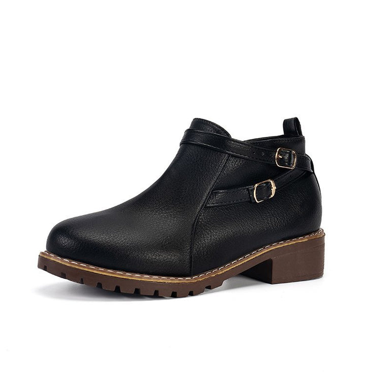 Damen nan Stiefelette mit doppelten Zierriemen, profilierter Traktorsohle und niedrigem Blockabsatz Drune