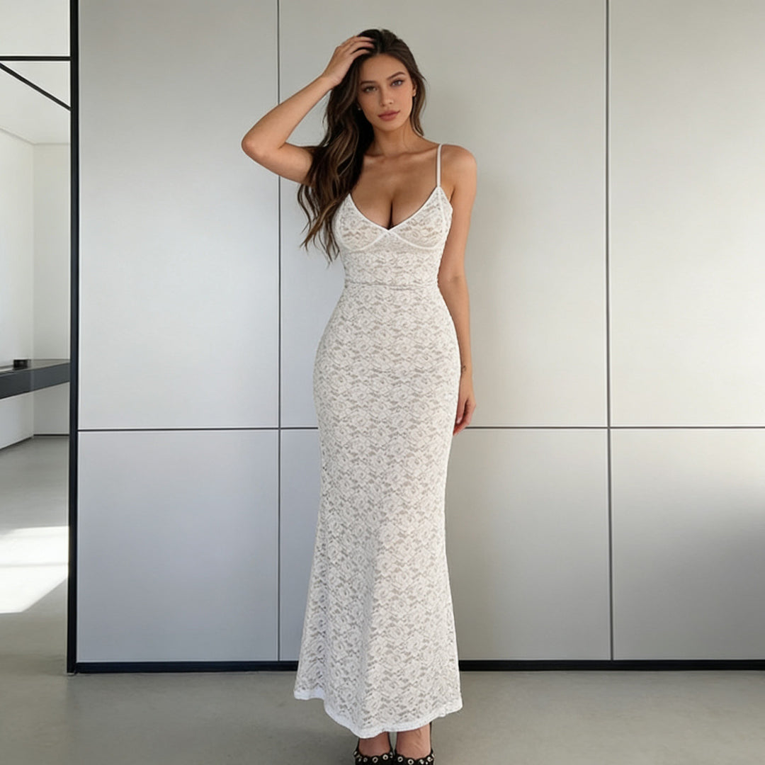Damen Figurbetontes Spitzen-Maxikleid mit schmalen Spaghetti-Trägern Drune
