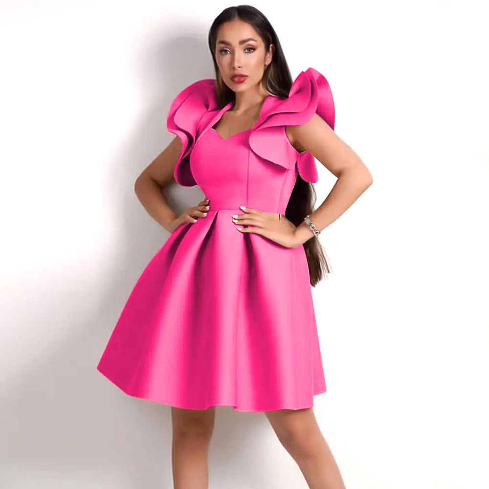 Damen A-Linien Kleid mit voluminösen Rüschenärmeln Drune