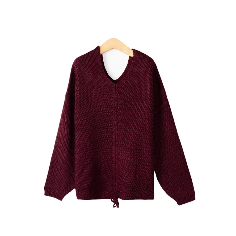 Damen Grobstrick Pullover mit attraktivem V-Ausschnitt und praktischen Kordeldetails Drune