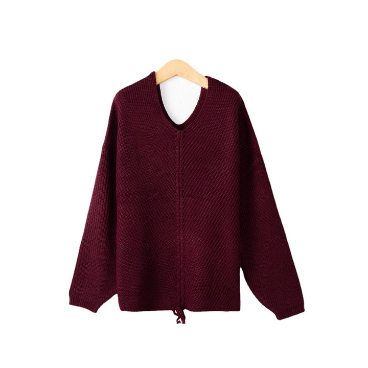 Damen Grobstrick Pullover mit attraktivem V-Ausschnitt und praktischen Kordeldetails Drune