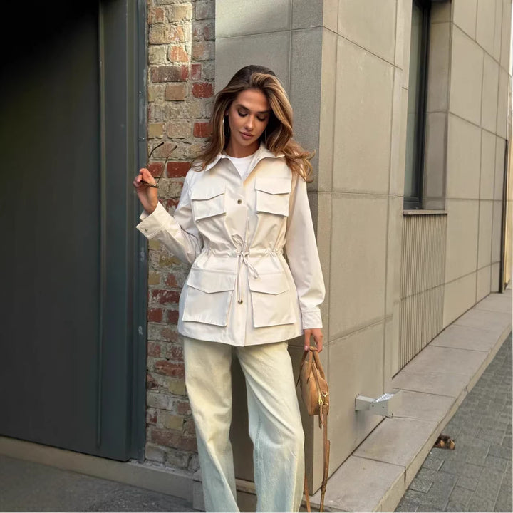 Damen modische Utility-Jacke mit verstellbarem Taillenzug und aufgesetzten Taschen Drune