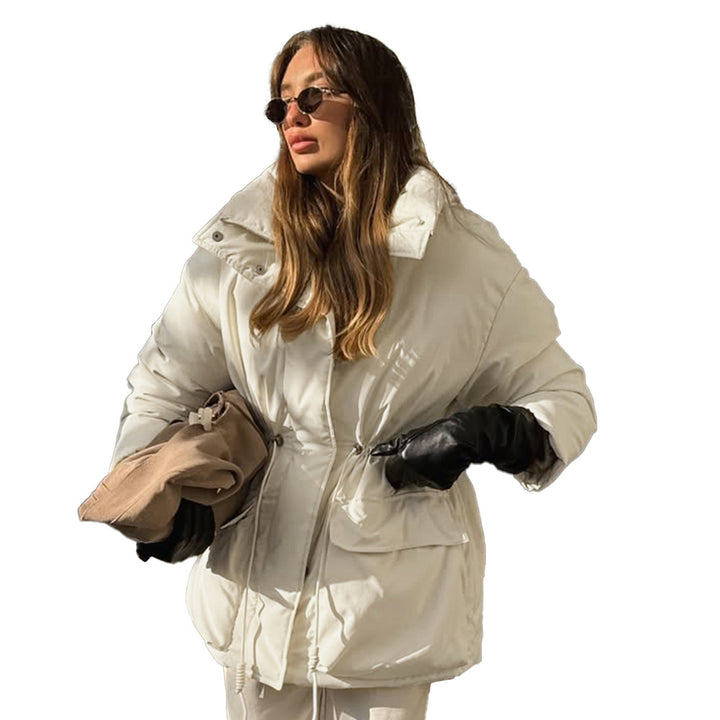 Damen Oversized Daunenjacke mit Taillenzug und hohem Kragen Drune