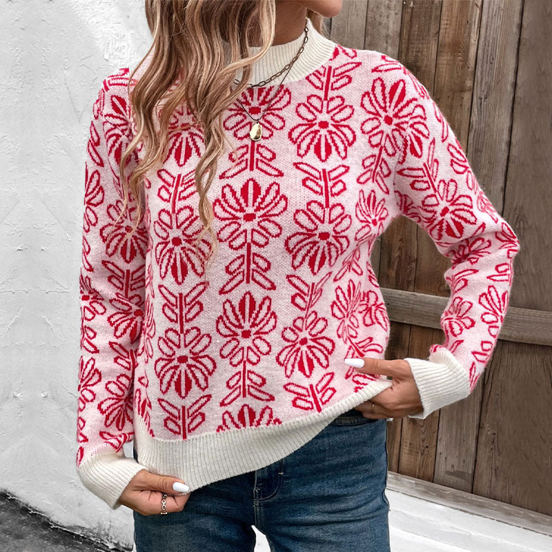Damen Strickpullover mit floralen Mustern und elegantem Stehkragen Drune