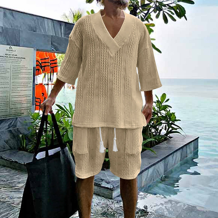 Herren nan lässiges Strick-Set mit V-Ausschnitt, Kurzarm-Oversize und Kordelshorts Drune