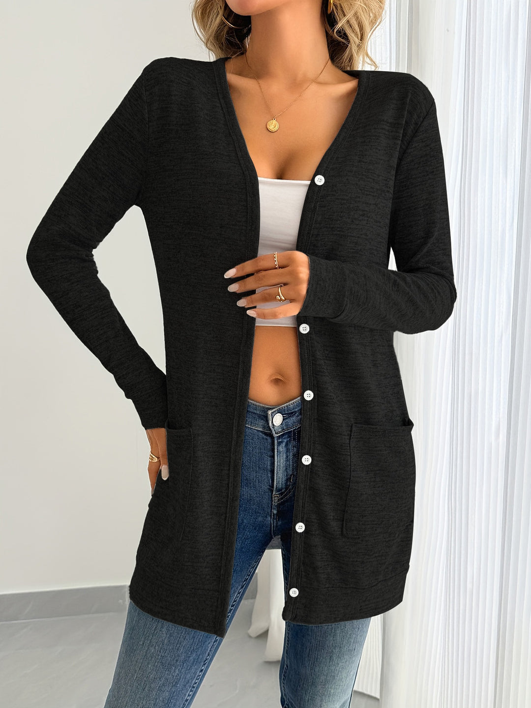 Damen Langarm-Cardigan mit praktischen Taschen und Knopfleiste Drune