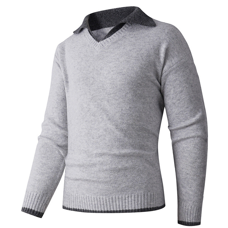 Herren eleganter V-Ausschnitt Pullover mit kontrastierendem Kragen Drune
