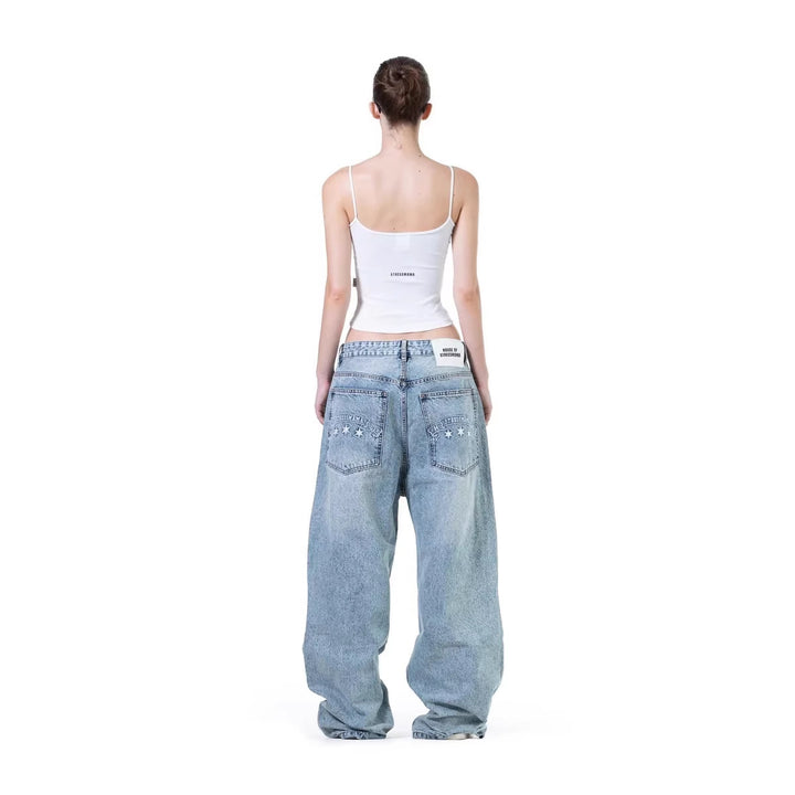Damen weite Denim-Jeans mit stilvollem Stickdesign Drune