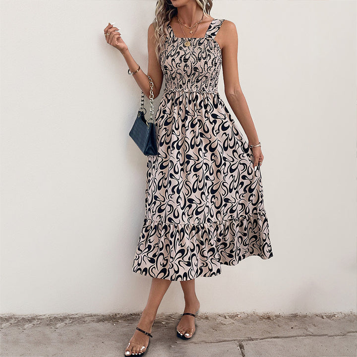 Damen ärmelloses Maxikleid mit Rüschen und kreativem Muster Drune