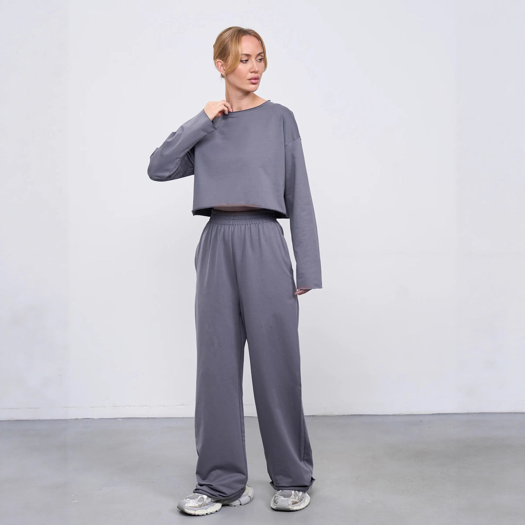 Damen Komfortables Cropped Sweatshirt und Weite Jogginghose Set Drune