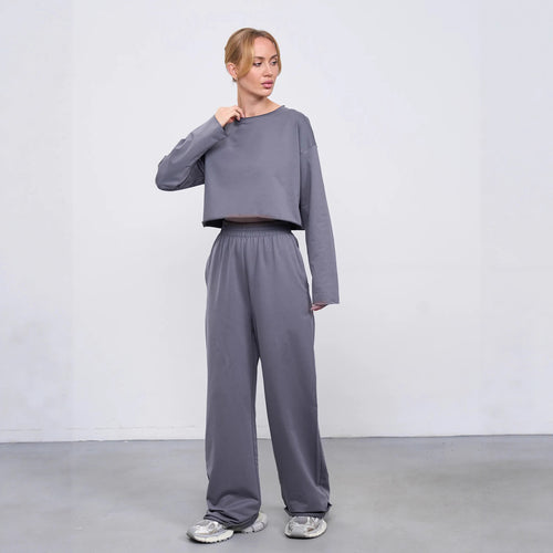 Damen Komfortables Cropped Sweatshirt und Weite Jogginghose Set Drune