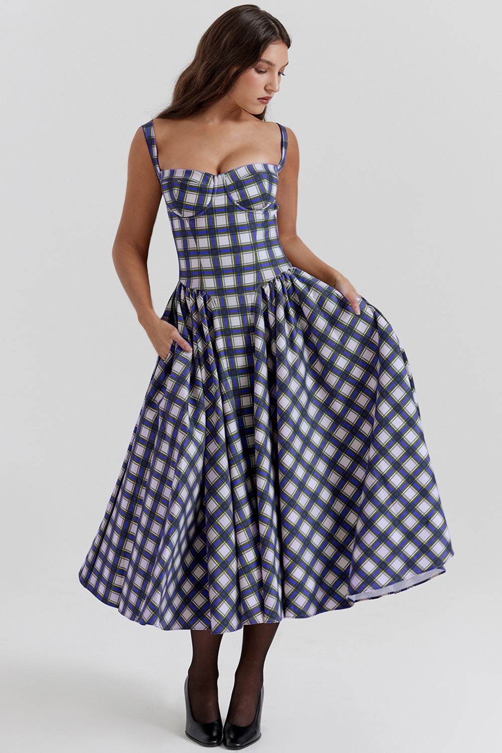 Damen Midikleid im Karomuster mit strukturiertem Oberteil und voluminösem Rock Drune