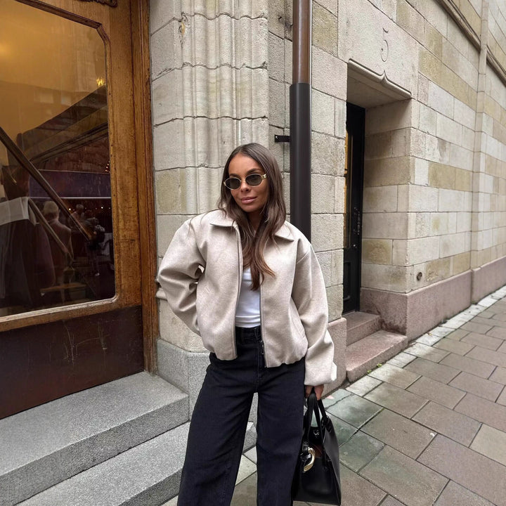 Damen modische Übergangsjacke mit hohem Kragen und voluminösen Ärmeln Drune