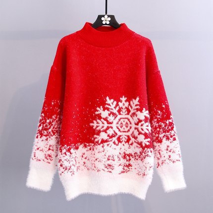 Damen Grobstrickpullover mit festlichem Schneeflockenmotiv und weichem Kragen Drune