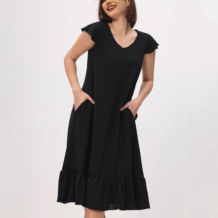 Damen Midi-Kleid mit modischem V-Ausschnitt und Rüschensaum Drune