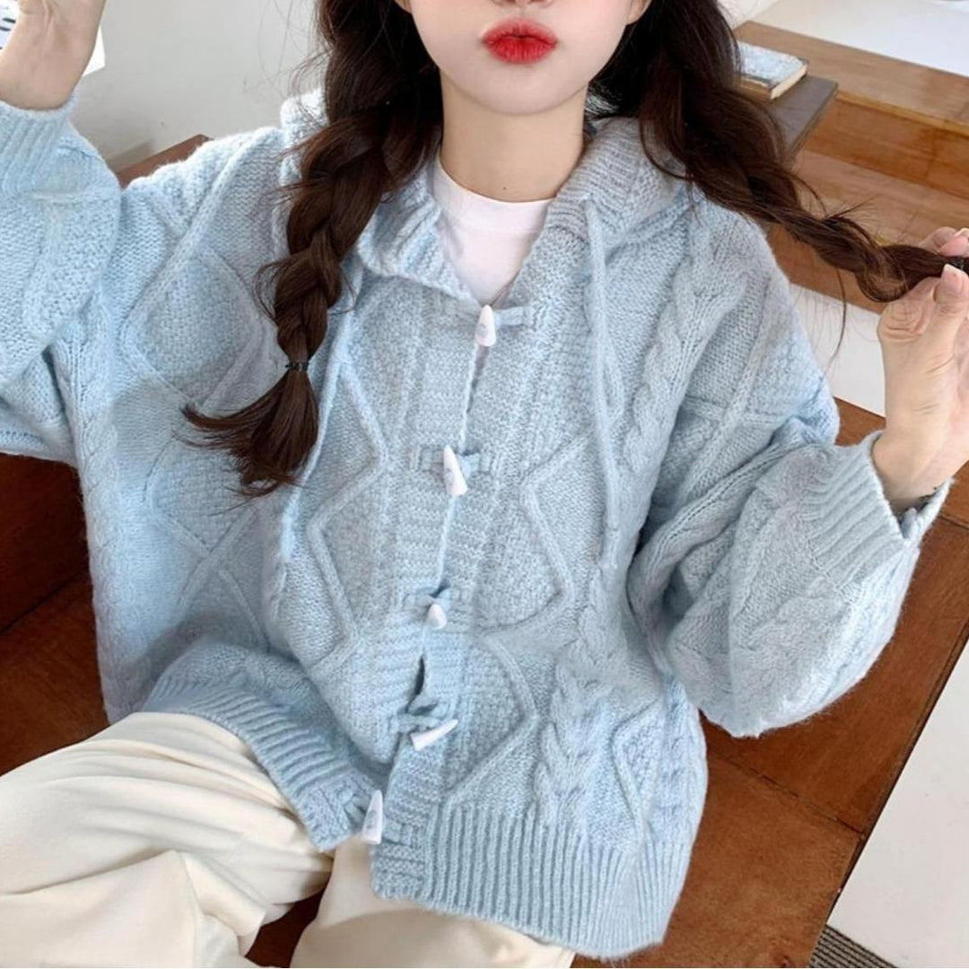 Damen Übergroße Strickjacke mit Kapuze und Zopfmuster Drune