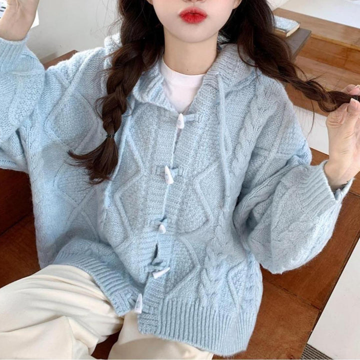 Damen Übergroße Strickjacke mit Kapuze und Zopfmuster Drune