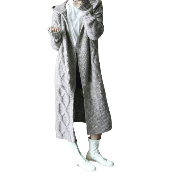 Damen Langer Strickmantel mit Kapuze und Kabelmuster Drune