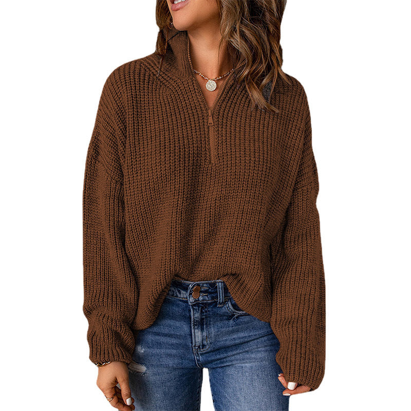 Damen Grober Strickpullover mit Stehkragen und Reißverschluss Drune