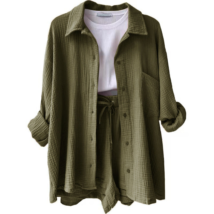 Damen nan lässiges oversized Hemd und Shorts Set mit Brusttasche Kordelbund und gerauter Baumwollstruktur Drune