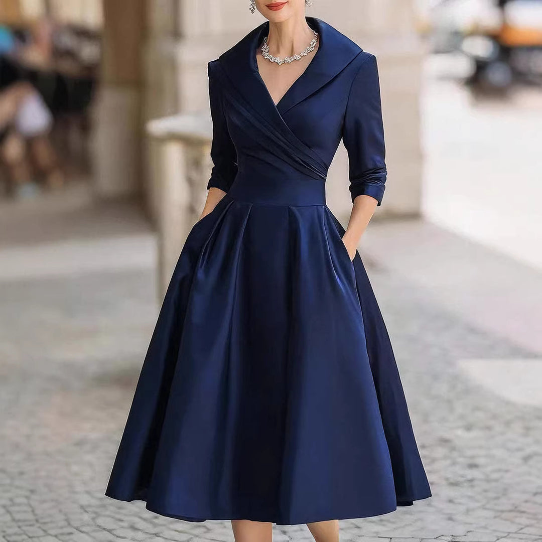 Damen nan elegantes Midikleid mit Wickeloberteil, Dreiviertelärmeln und Eingrifftaschen Drune