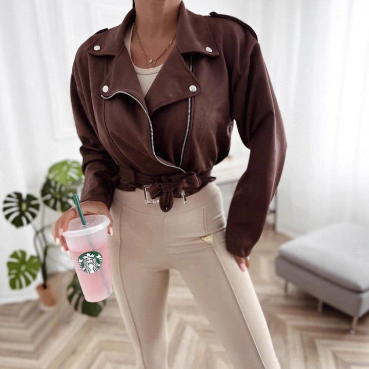 Damen Lässige Übergangsjacke im Biker-Stil mit Taillengürtel Drune