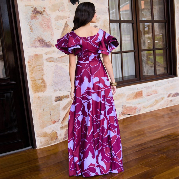 Damen Maxi-Kleid mit voluminösen Puffärmeln und elegantem Schlitz Drune