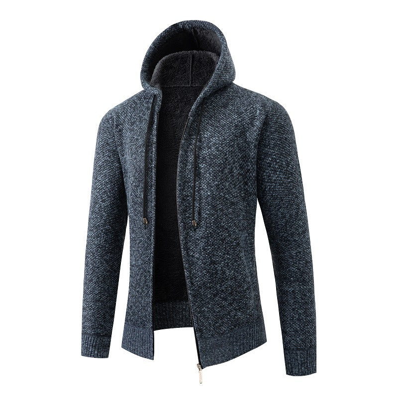 Herren nan melierte Strickzip-Kapuzenjacke mit wärmendem Teddyfutter, verdecktem Zwei-Wege-Reißverschluss und elastischen Bündchen Drune