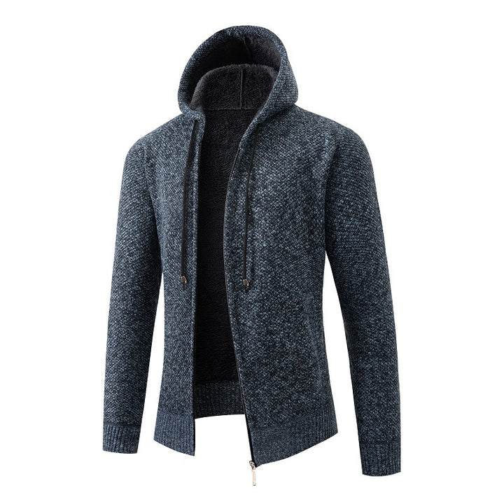 Herren nan melierte Strickzip-Kapuzenjacke mit wärmendem Teddyfutter, verdecktem Zwei-Wege-Reißverschluss und elastischen Bündchen Drune