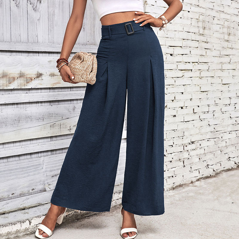 Damen weite Hochbundhose mit eleganten Falten und modischem Taillengürtel Drune