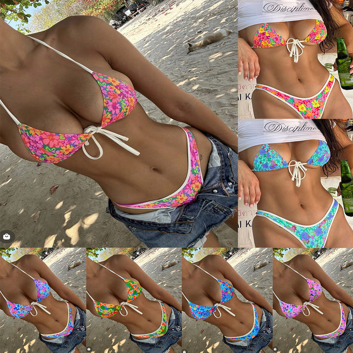Damen Triangel-Bikini mit lebhaftem Blumenmuster und raffinierten Bindebändern Drune