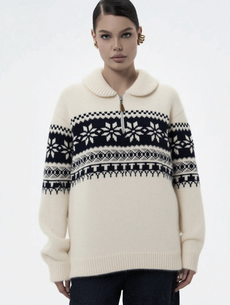 Damen gestrickter Pullover mit Halskragen und Modischem Norweger-Muster Drune