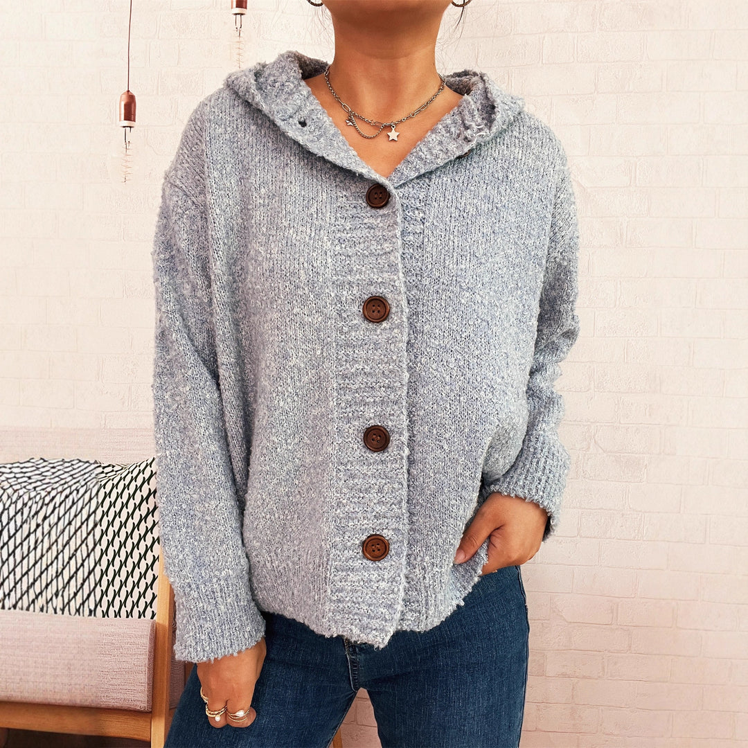 Damen Kuschelige Strickjacke mit Kapuze und Knopfdetails Drune