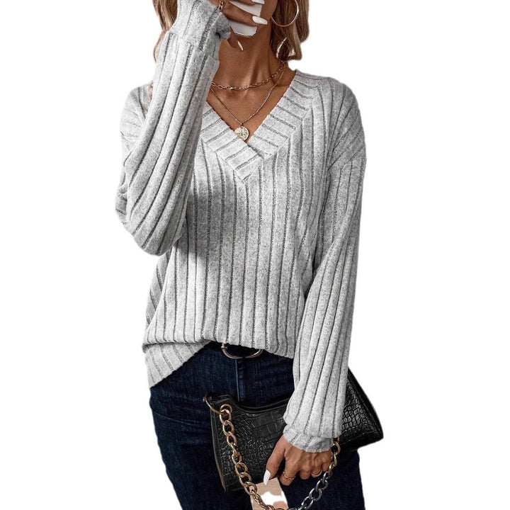 Damen lässiger Strickpullover mit V-Ausschnitt und Rippstruktur Drune