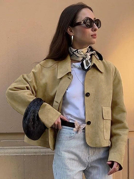 Damen Kurzjacke aus Wildleder mit großen Taschen und Button-Down-Verschluss Drune