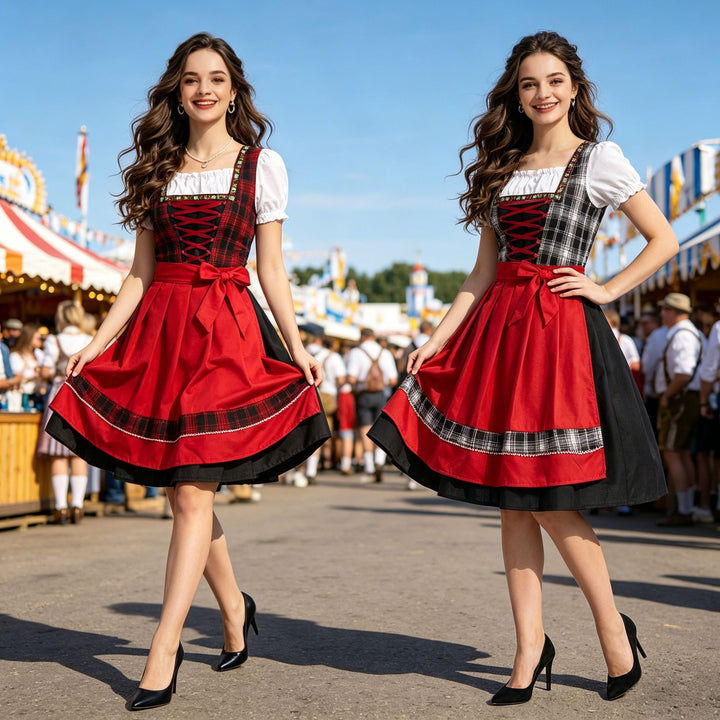 Damen nan traditionelles Dirndlkleid mit Schürze geschnürtem Mieder und kariertem Oberteil Drune