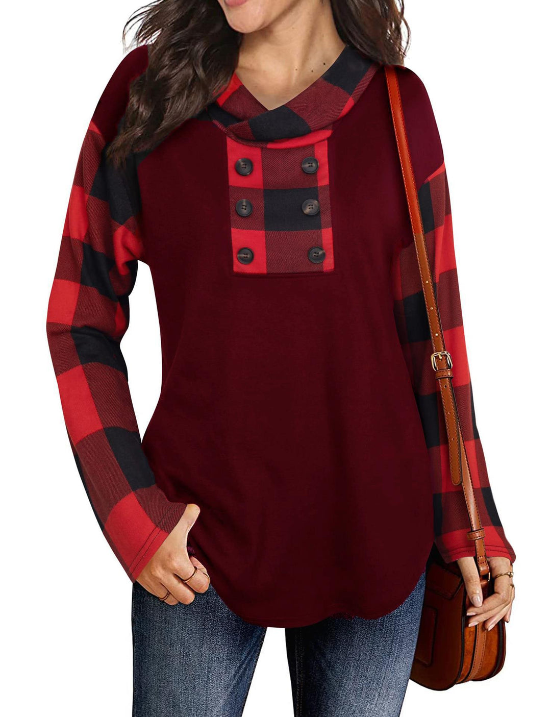 Damen Modische Sweatshirt mit Karomuster und Knopfleiste Drune