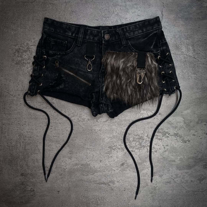 Damen Modische Denim-Shorts mit einzigartigen Lacing-Details und Kunstfell-Applikation Drune