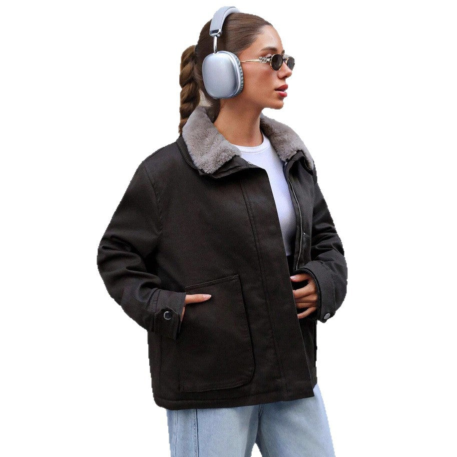 Damen lässige Übergangsjacke mit Kunstfellkragen und praktischen Taschen Drune