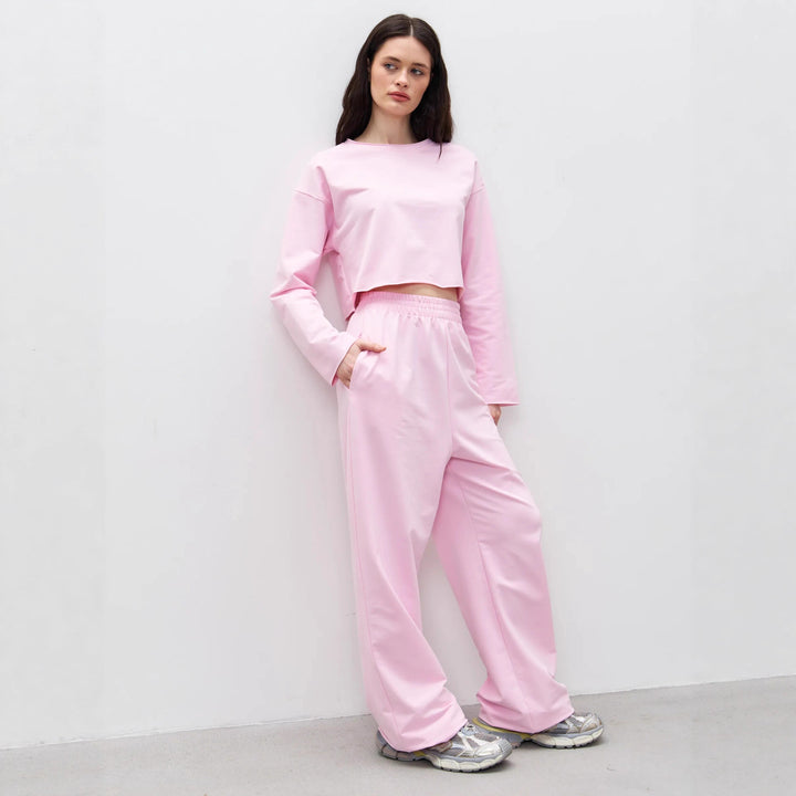 Damen Komfortables Cropped Sweatshirt und Weite Jogginghose Set Drune