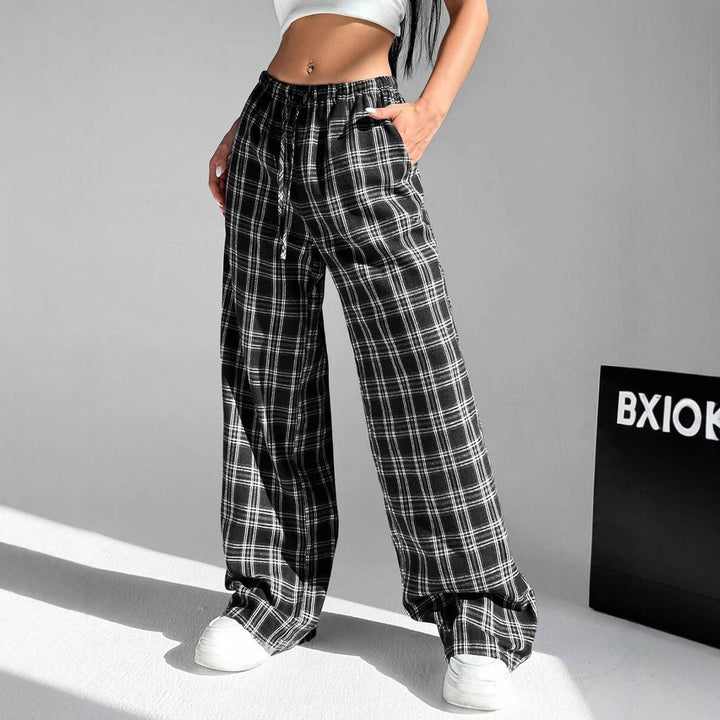 Damen lässige Karohose mit elastischem Bund und Kordelzug Drune