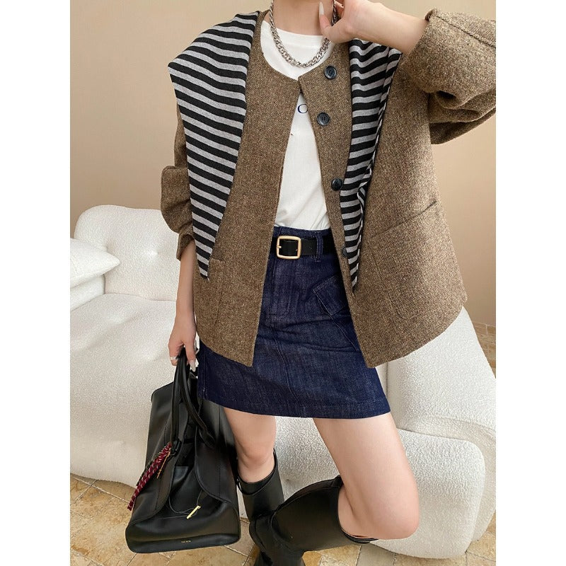 Damen lässige Strickjacke mit modernem Streifenmuster Drune