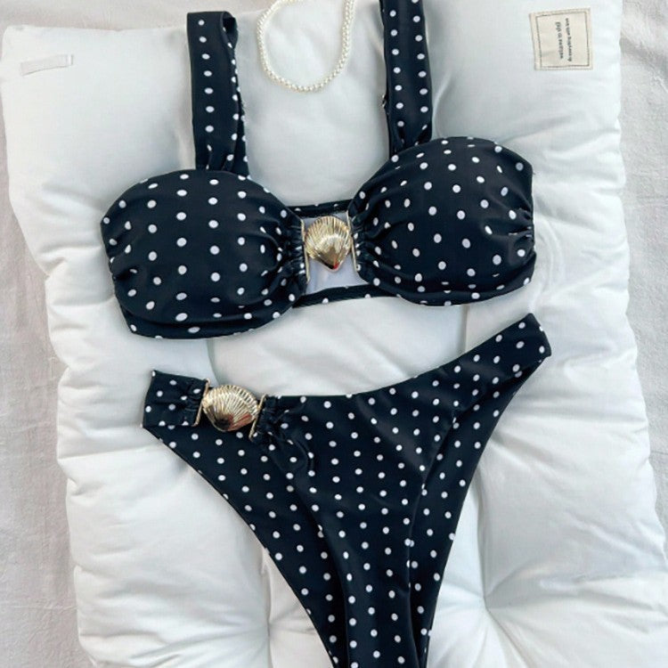 Damen Polka Dot Bikini mit dekorativen Muschel-Details Drune
